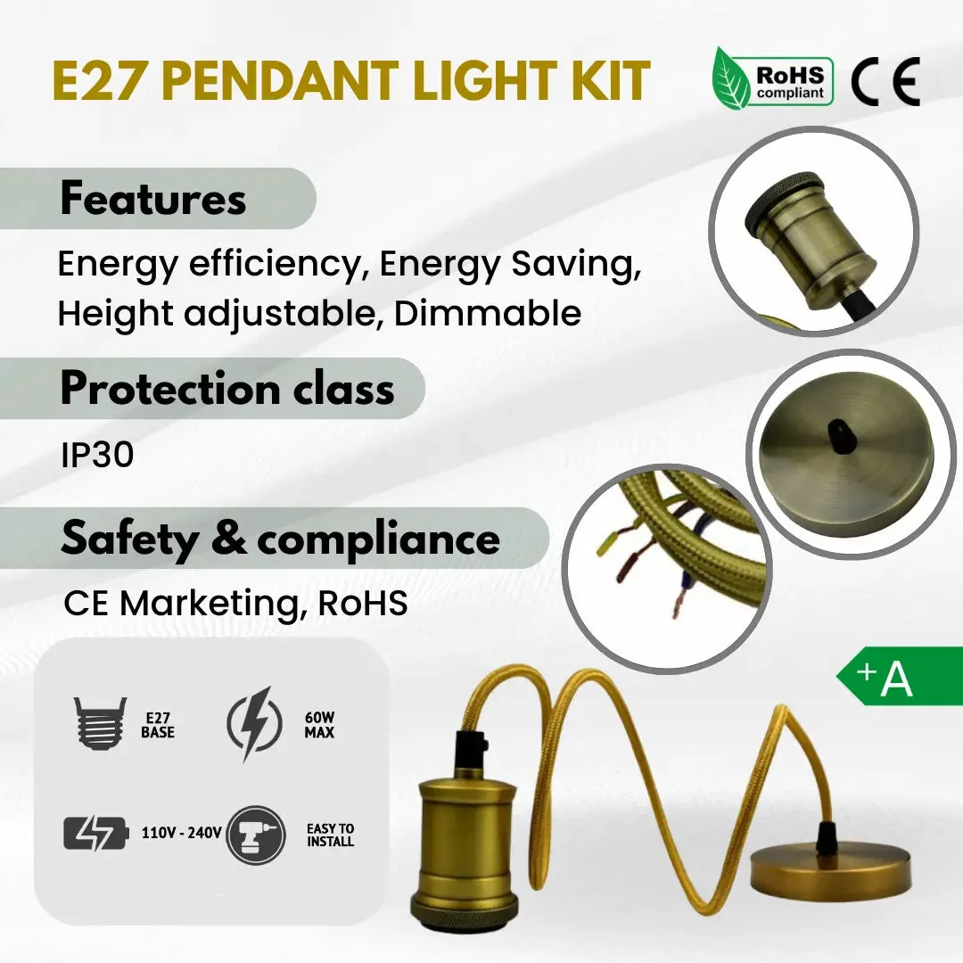 Copper and black iron ceiling light with 1m round fabric cable and E27 pendant holder, no bulb included
