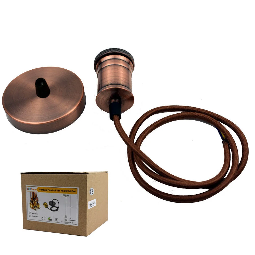 Copper and black E27 bulb holder with 1m round fabric cable and ceiling pendant light fitting details visible