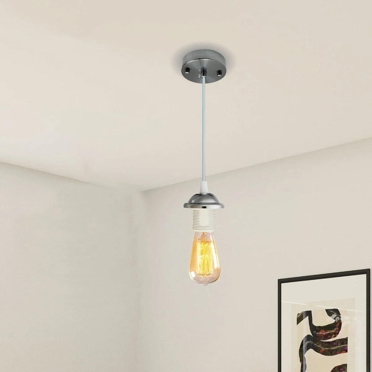 Chrome E27 pendant light fitting with ceiling rose, fabric cable, and iron lamp holder, no bulb included, 90cm wire length
