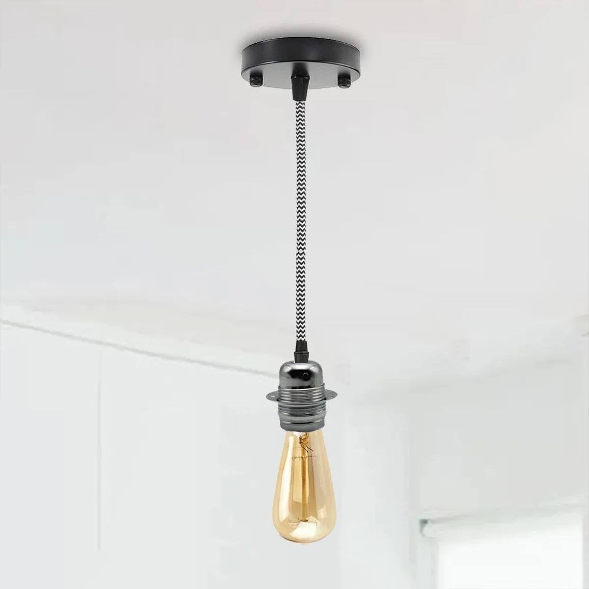 Modern fabric pendant light with round metal ceiling rose and 2m fabric cord, featuring E27 bulb holder and vintage-style bulb