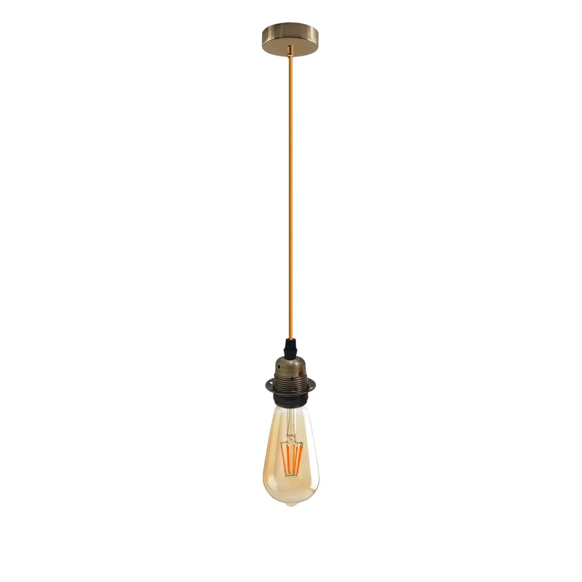 Ceiling rose pendant with round metal rose, fabric flex cord, and E27 bulb holder with vintage-style filament bulb installed