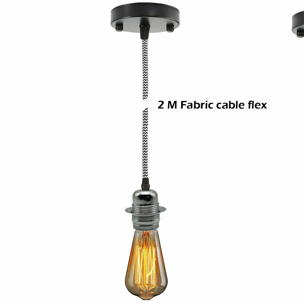 Pendant suspension set with 2m round fabric cord, metal ceiling rose, and E27 lamp holder with vintage filament bulb attached