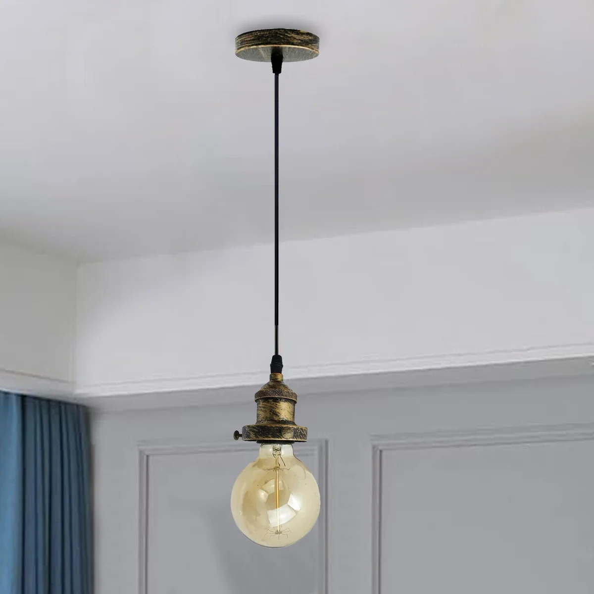 Vintage ceiling rose light fitting in brushed copper with E27 bulb holder and 95cm wire for pendant lamp installation