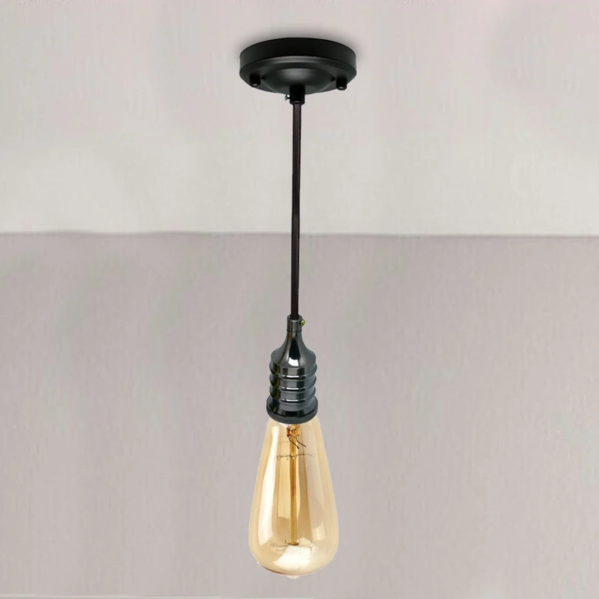 Black industrial style E27 pendant light with iron holder and 90cm cable, suitable for ceiling installation
