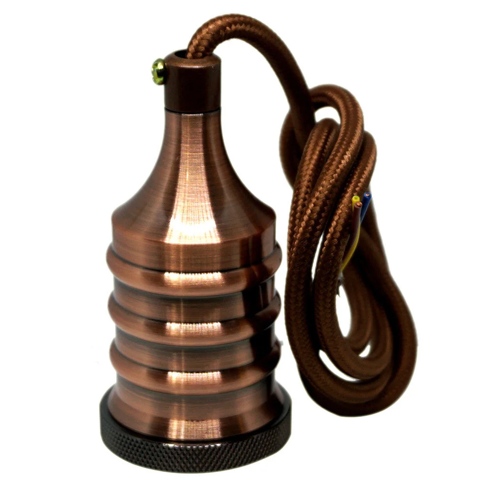 Black industrial style E27 pendant light with iron holder and 90cm cable hanging against white background