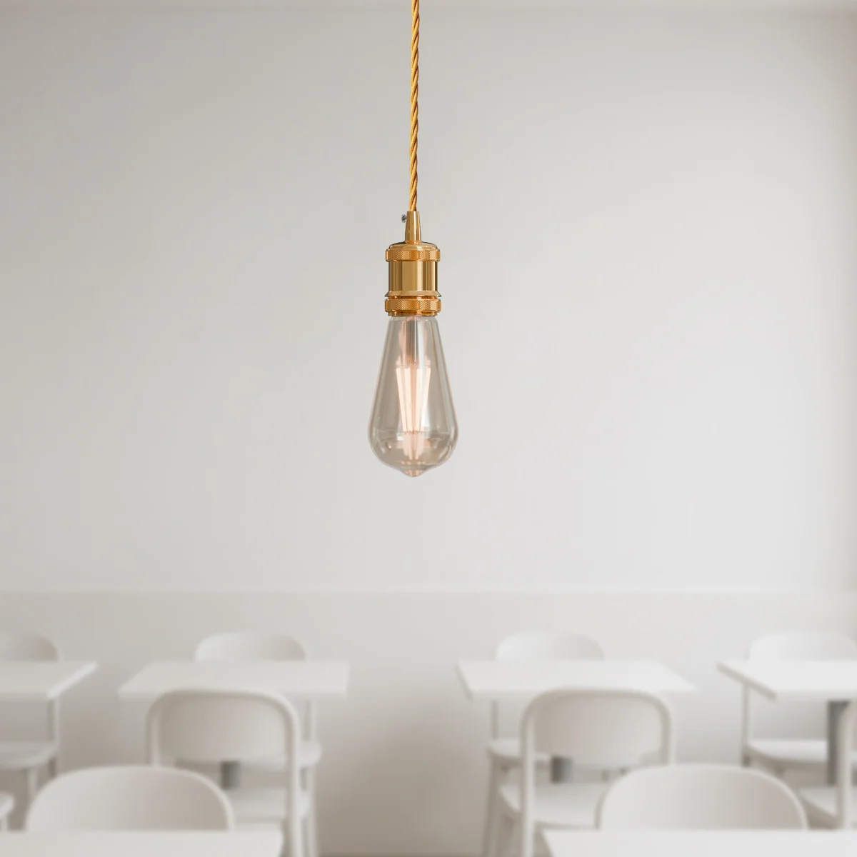 2m fabric cable pendant light with twisted fabric cord, metal ceiling rose, and E27 socket in industrial vintage style