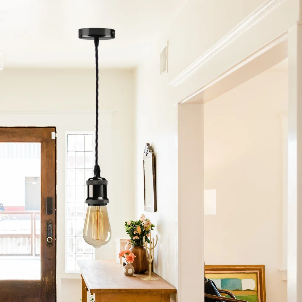 Dimmable E27 pendant light with 2m twisted fabric cable and metal ceiling rose for industrial ceiling installation