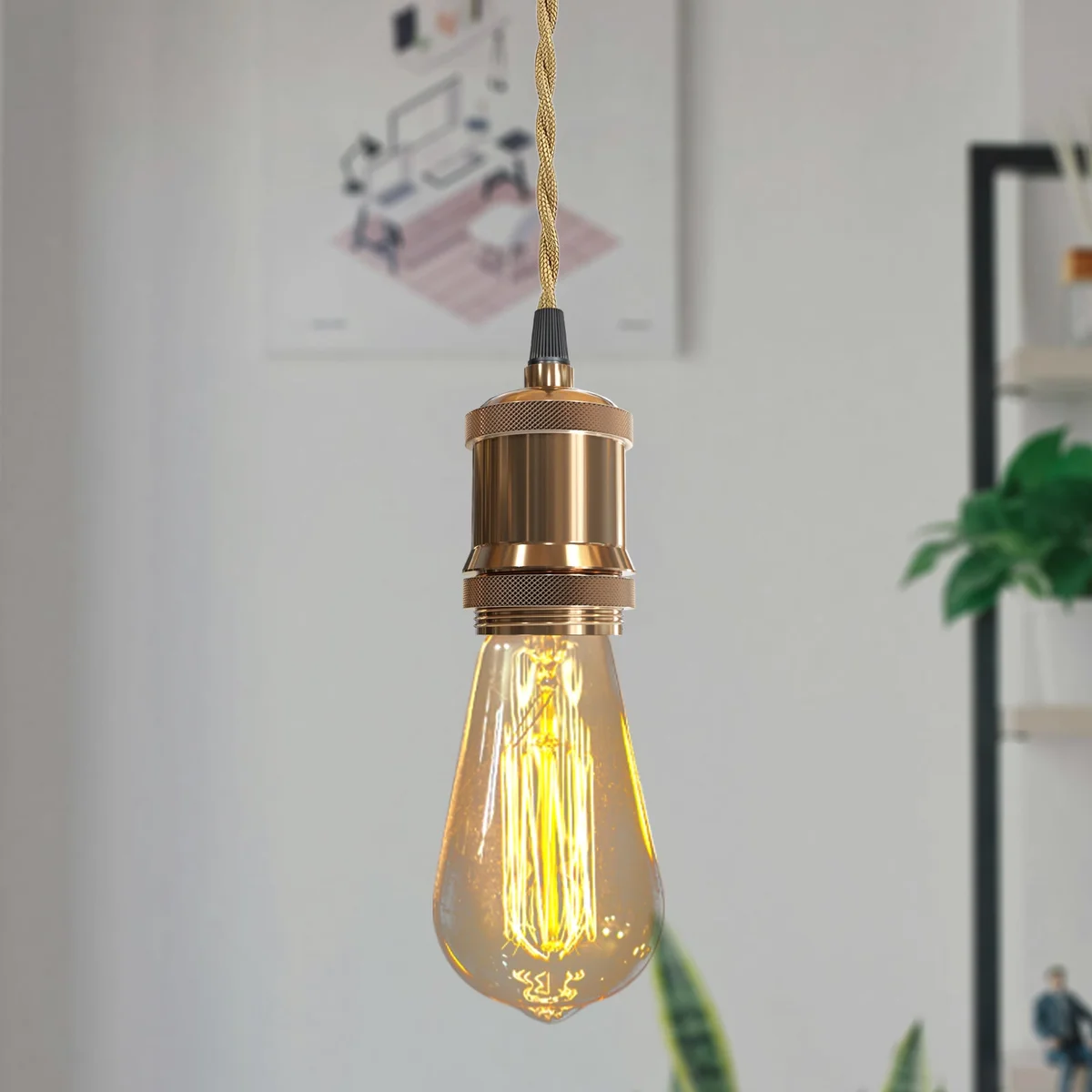 2m fabric cable pendant light with twisted fabric cord, metal ceiling rose, and E27 socket in industrial style