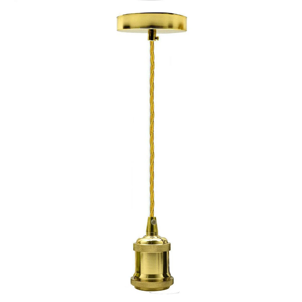 Industrial pendant light with high-polished brass E27 holder and green twisted fabric cable hanging against white background