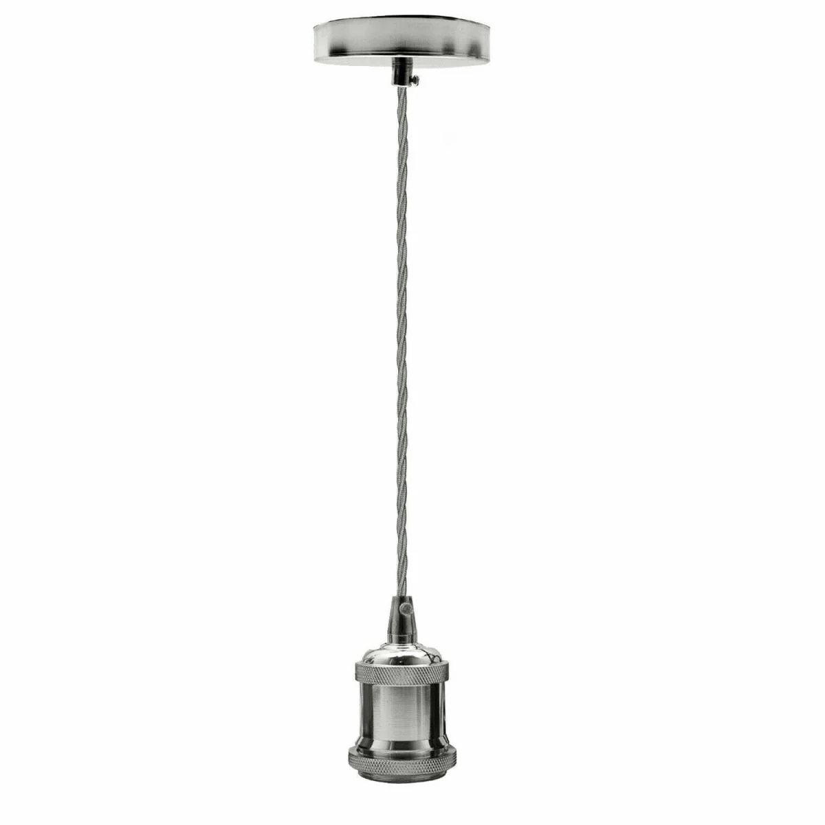 Industrial pendant light with high-polished brass E27 holder and green twisted fabric cable hanging against white background