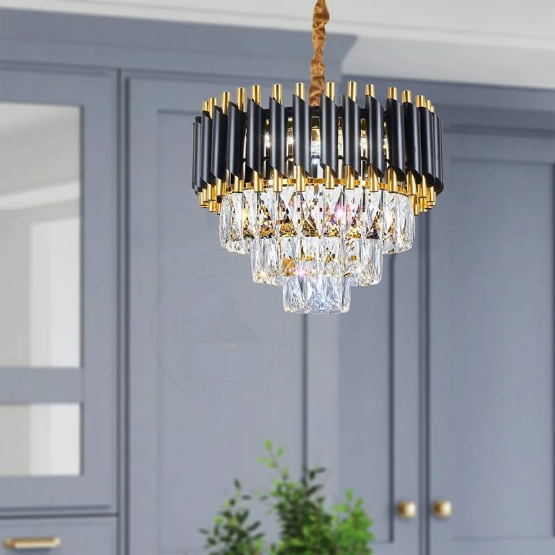 Modern crystal chandelier with black metal frame and gold accents, featuring clear hanging crystals and adjustable chain