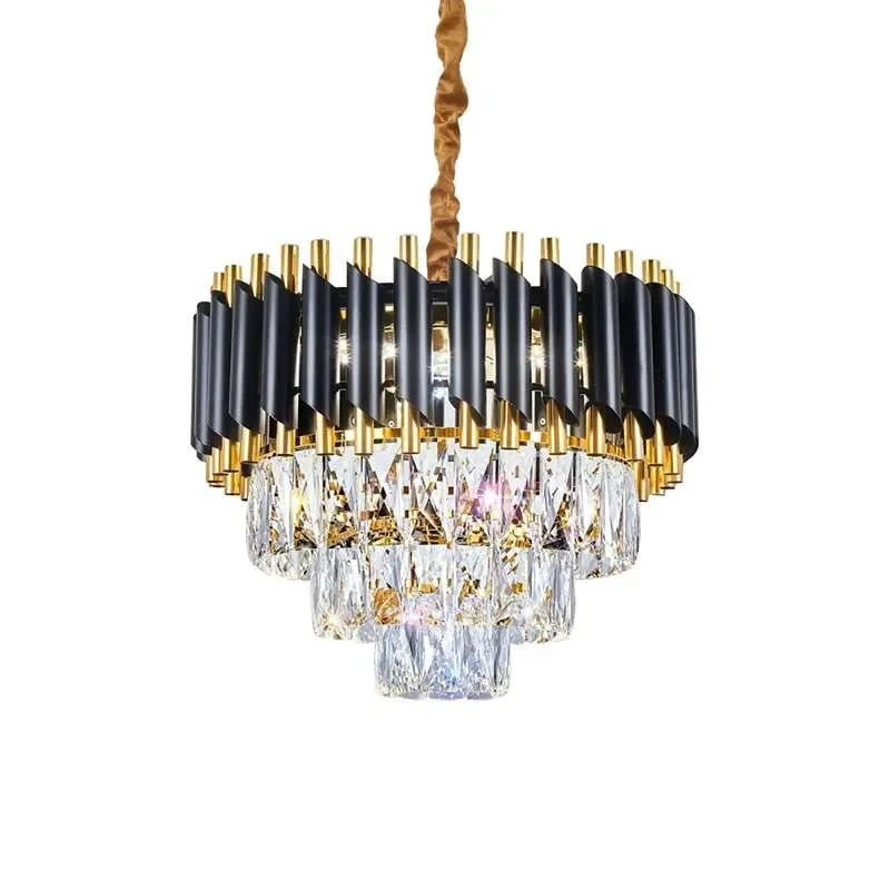 Black and gold ceiling mounted chandelier with clear crystal body and adjustable chain hanging from ceiling indoors