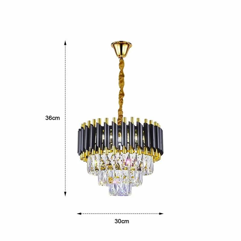 Black and gold modern dimmable chandelier light with clear crystal body hanging from adjustable chain ceiling mount