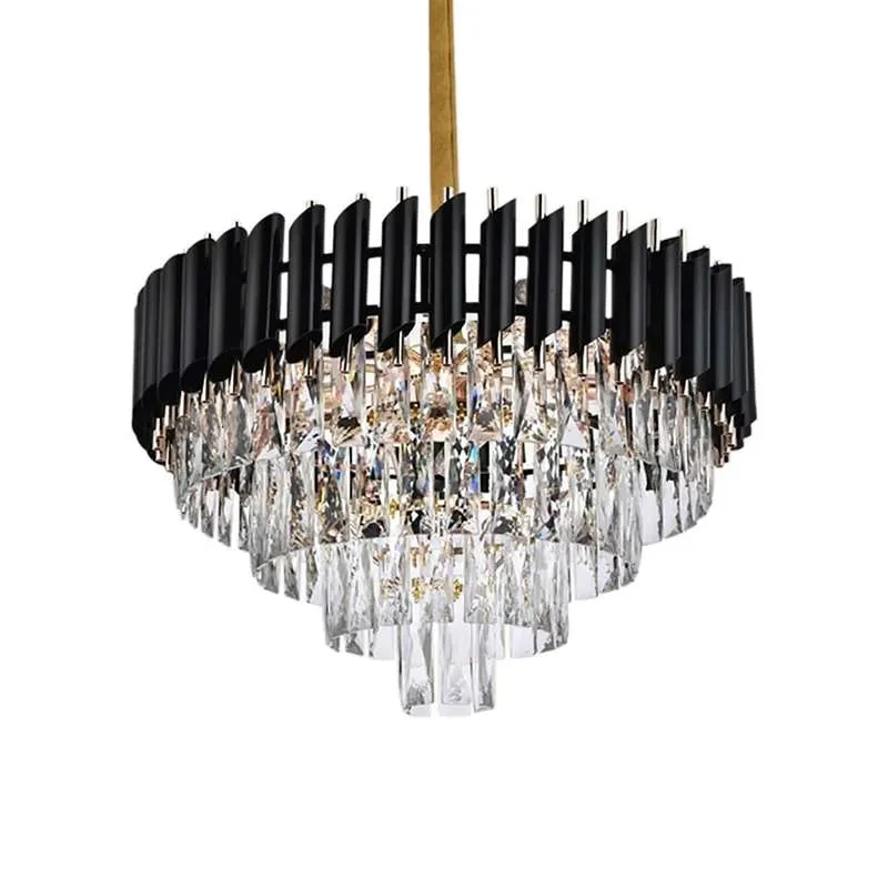 Black and gold modern crystal chandelier with adjustable chain, compatible with E14 bulb chandelier, ceiling mounted fixture