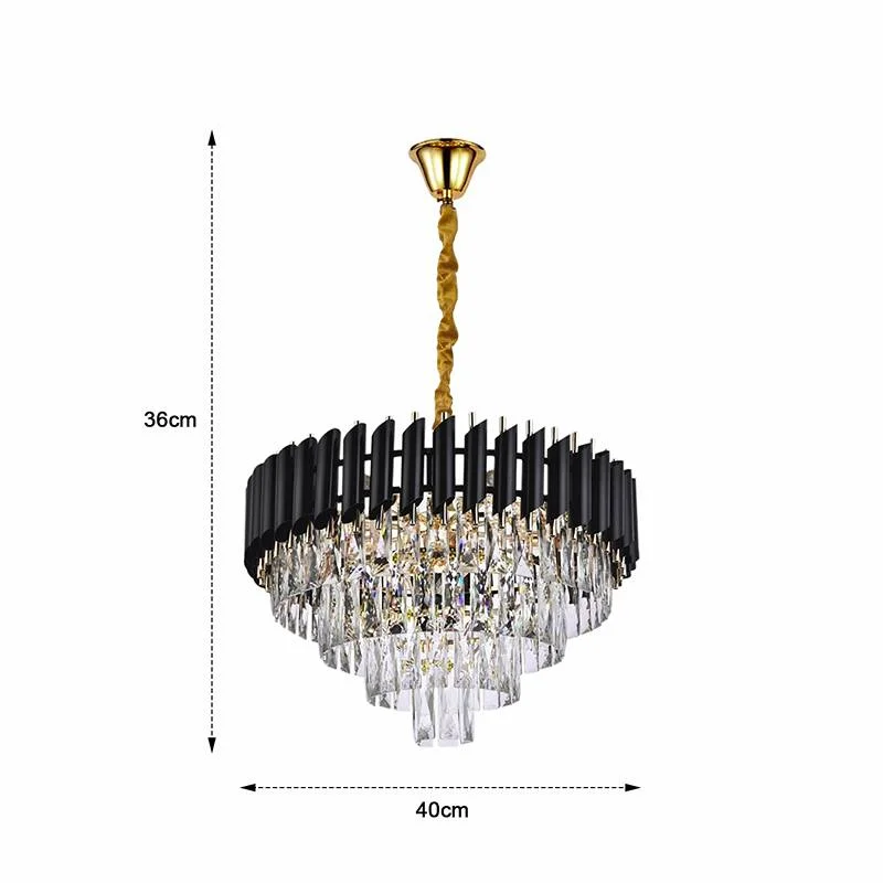 Black and gold chandelier with clear crystal body and black tube frame hanging from ceiling on adjustable chain