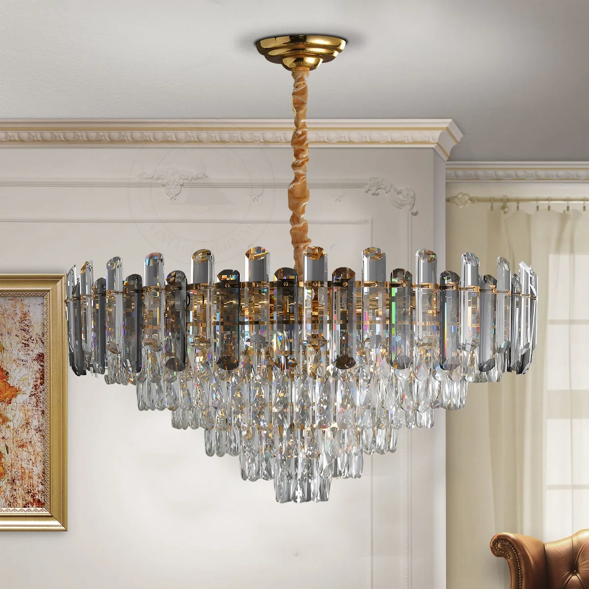 Round modern crystal ceiling light chandelier with clear glass crystals and aluminium frame hanging from ceiling