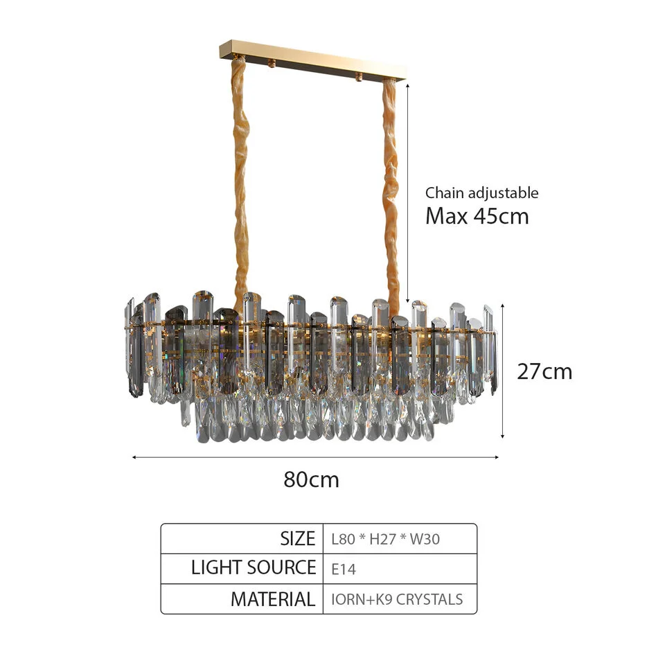 Modern round crystal chandelier light with clear glass crystals hanging from an aluminium frame, ceiling mounted fixture