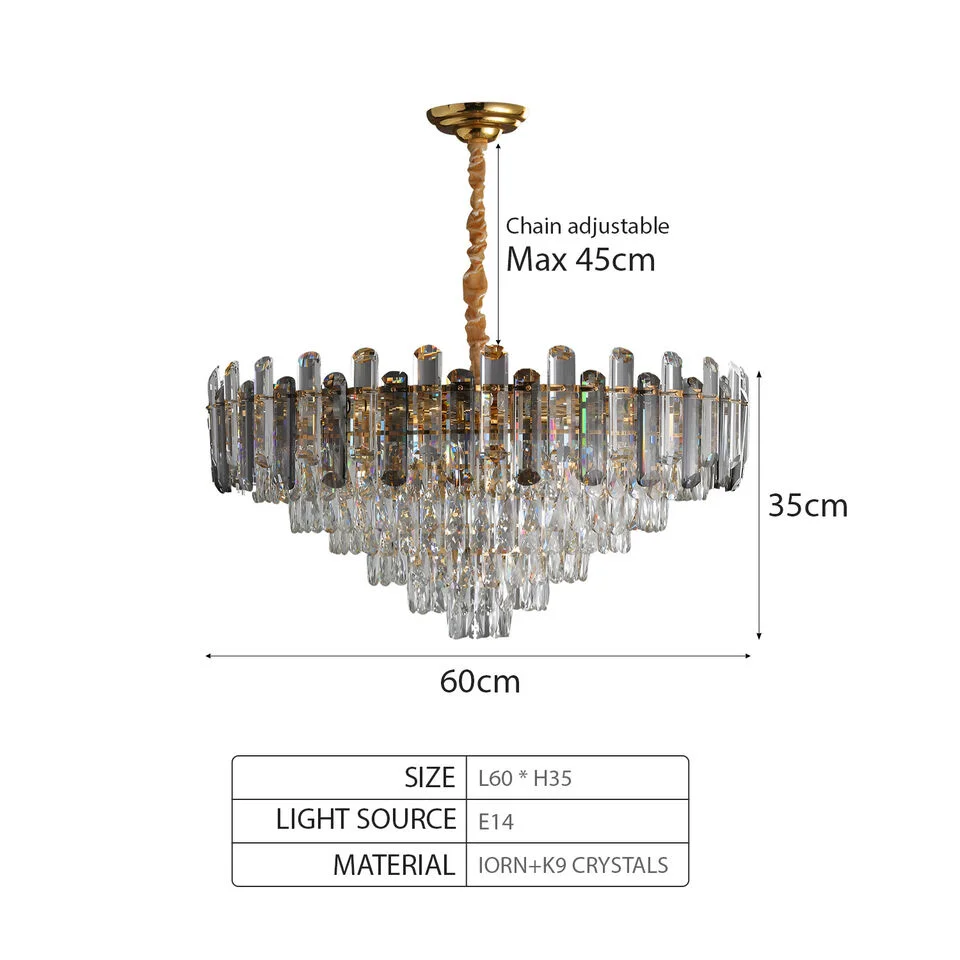 Modern clear crystal ceiling mounted chandelier with round frame and hanging crystals, 28cm width and height, elegant design