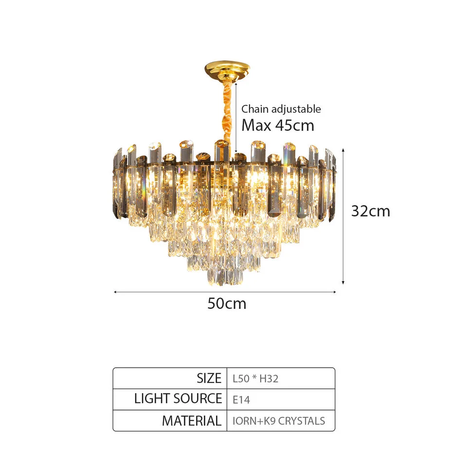 Modern crystal ceiling light chandelier with clear glass and aluminium frame, compatible with E14 bulb chandelier fittings