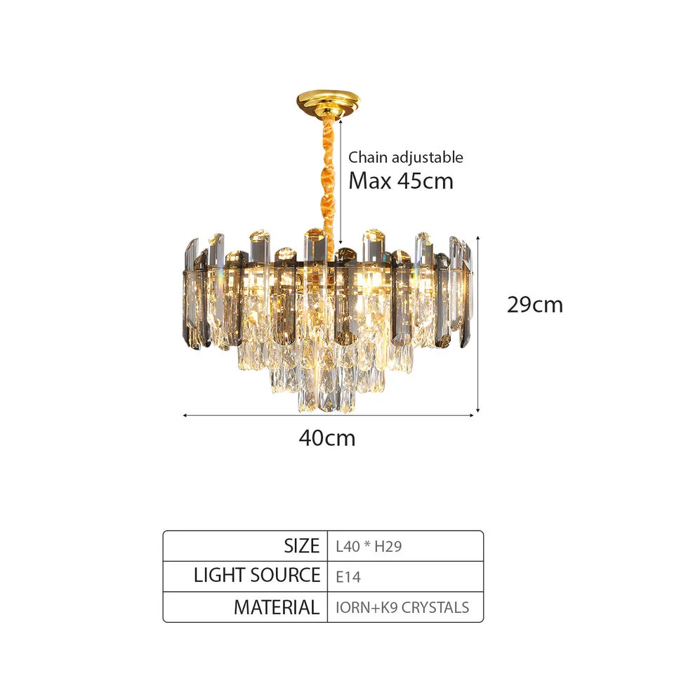 Modern round crystal chandelier with clear glass and aluminium frame, dimmable ceiling light for indoor use