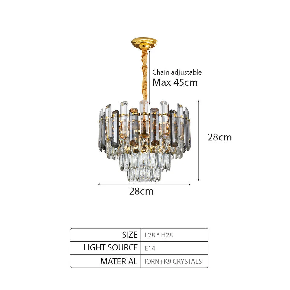 Modern indoor crystal light chandelier with clear glass crystals hanging from a round aluminium frame ceiling fixture