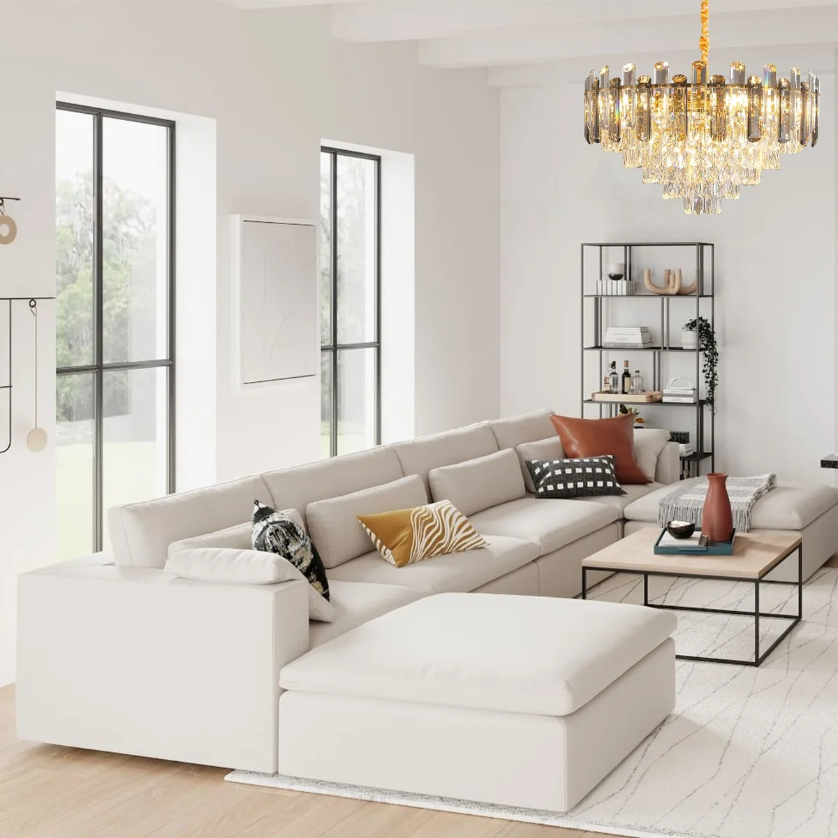 Modern crystal ceiling light chandelier with clear crystal hanging design, round shape, and aluminium frame, 28cm wide and tall