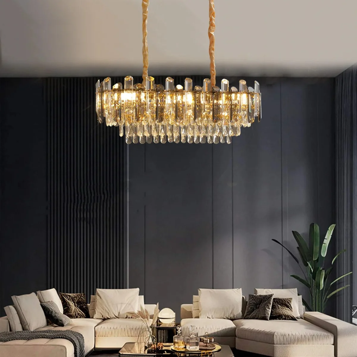 Modern crystal ceiling light chandelier with clear crystal frame and hanging lamp, round shape, 28cm width and height