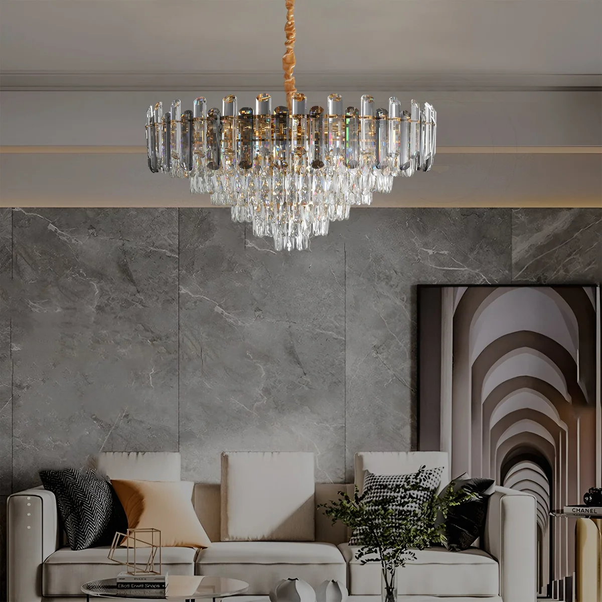 Modern crystal ceiling light chandelier with clear crystal frame and hanging lamp, round shape, 28cm width and height