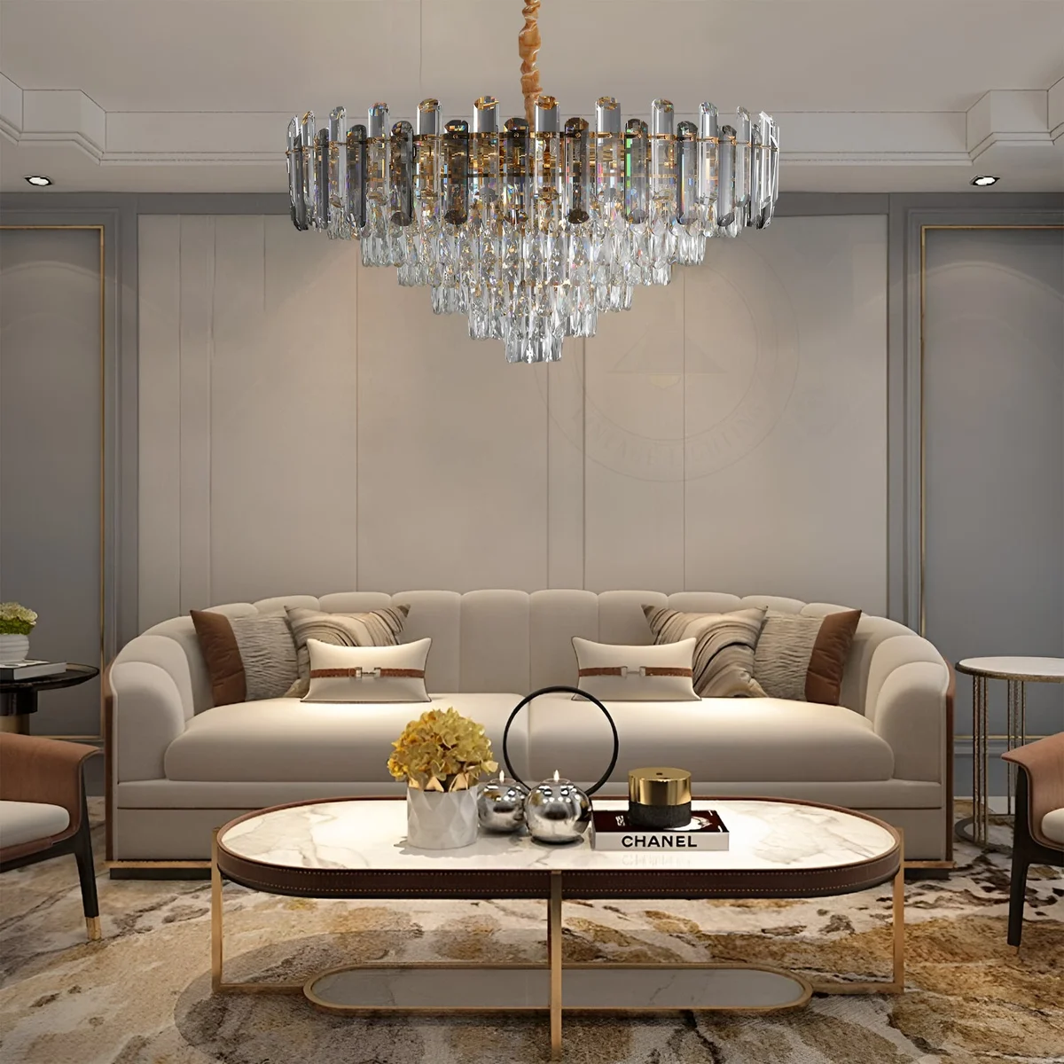 Modern crystal ceiling light chandelier with clear crystal frame and hanging lamp, round design, 28cm width and height