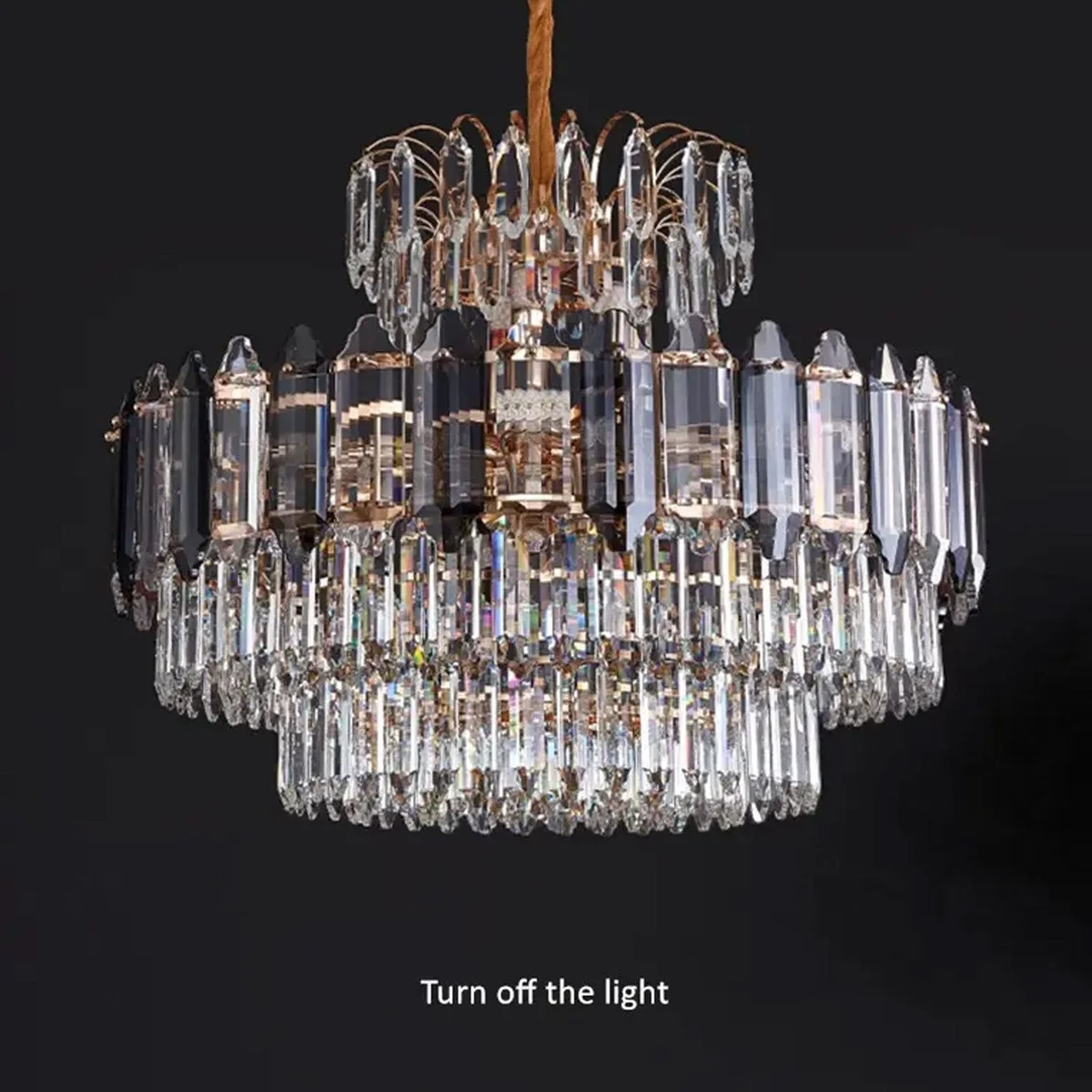 Modern crystal chandelier with multi-layered clear crystals and aluminium frame, ceiling-mounted round design