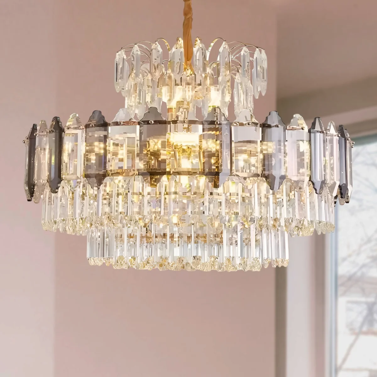 Modern multi-layered dimmable crystal chandelier with clear crystals and aluminium frame, ceiling mounted, round shape