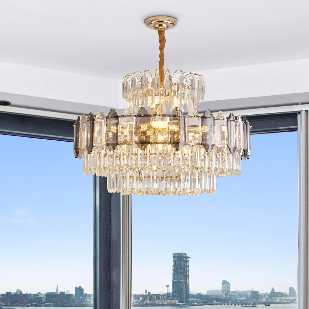 Modern multi-layered crystal chandelier with clear crystals and aluminium frame, compatible with E14 bulb chandelier fittings