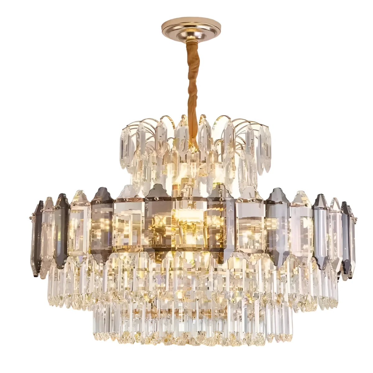 Multi-layered crystal contemporary ceiling light with clear glass tiers and aluminium frame in modern style, ceiling mounted.