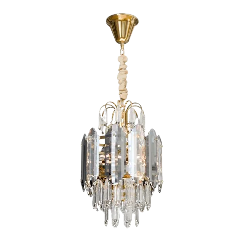 Modern multi-layered crystal chandelier with clear glass tiers, ceiling-mounted, energy efficient chandelier design