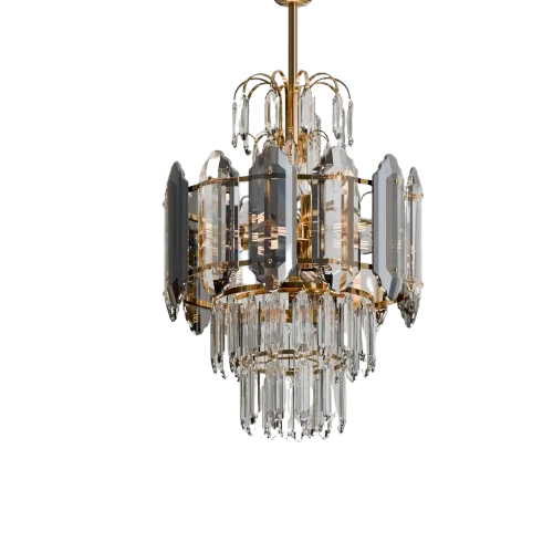 Modern crystal chandelier with multi-layered clear crystals and aluminium frame, ceiling-mounted in a contemporary style