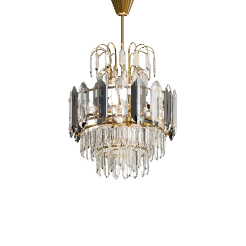 Modern crystal chandelier with multi-layered clear crystals and aluminium frame hanging from ceiling in bright room