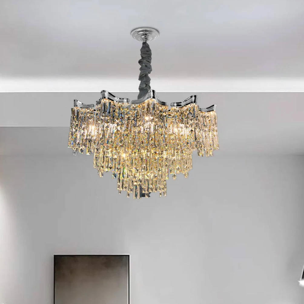 Modern crystal chandelier living room light with gold accents, hanging round design, and adjustable length ceiling mount