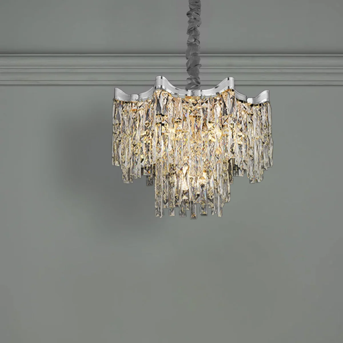 Modern gold crystal ceiling light with hanging crystals, round shape, and adjustable length for living room lighting