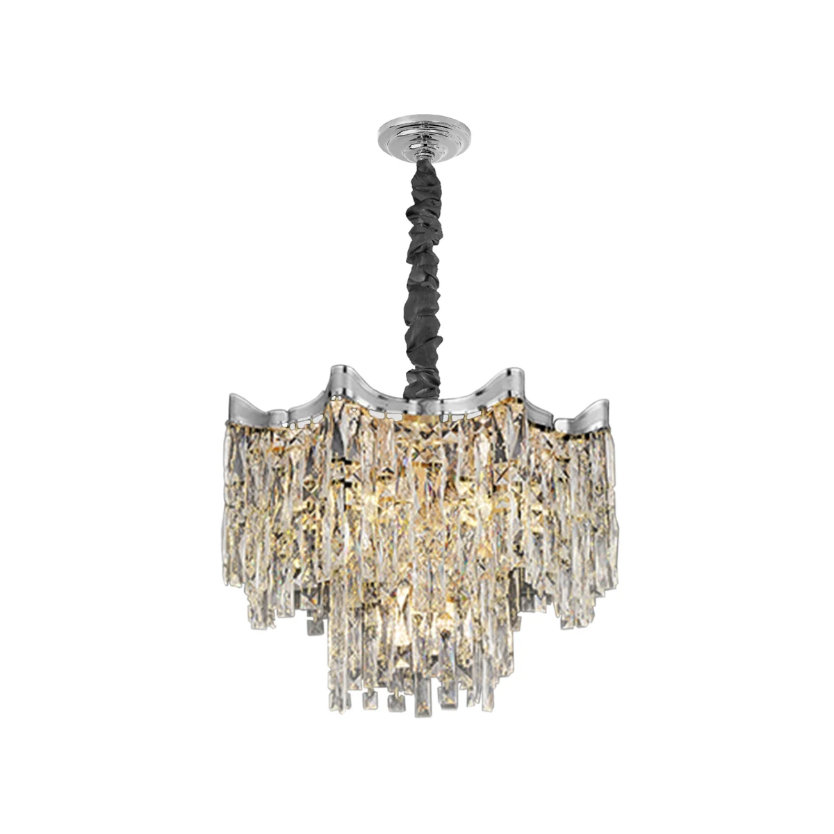 Modern round crystal chandelier with gold accents, adjustable height, ideal dimmable living room light fixture