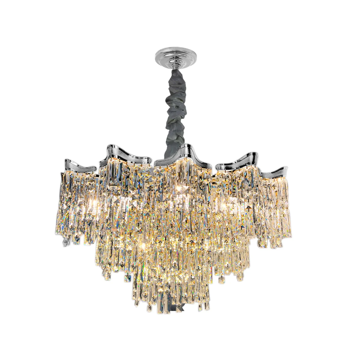 Modern round crystal chandelier living room light with gold finish and adjustable hanging length, ceiling mounted design