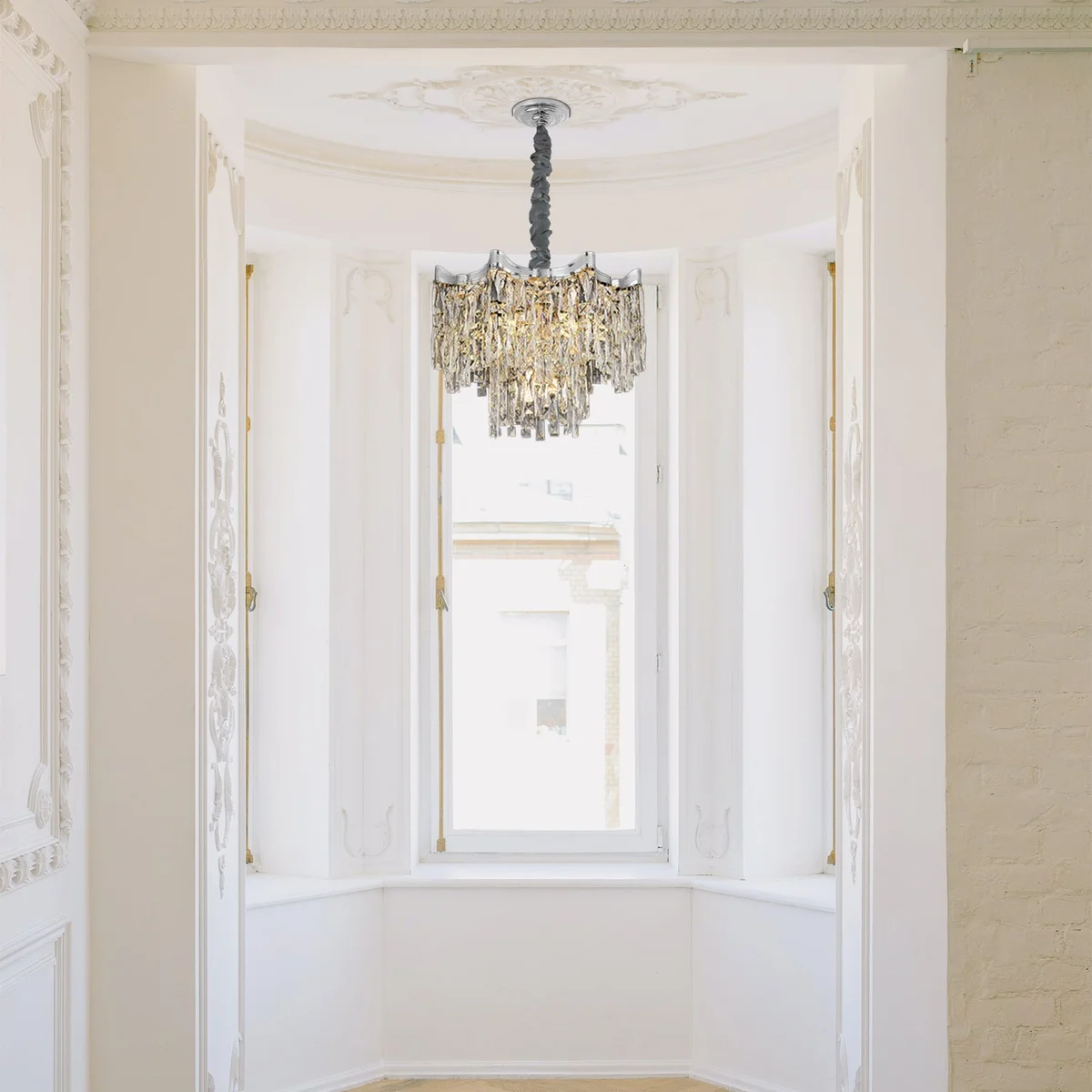 Modern round crystal chandelier living room light with gold finish and adjustable hanging length, ceiling mounted design