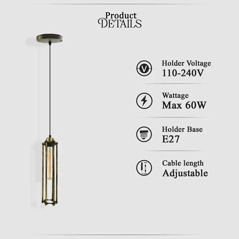 Vintage industrial brushed copper ceiling light with cylindrical wire cage shade and adjustable PVC cable hanging from ceiling