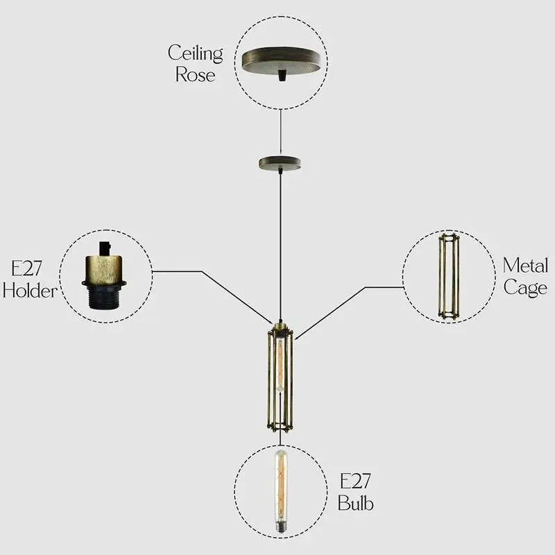 Brushed copper industrial vintage E27 base pendant light with wire cage and adjustable PVC cable hanging from ceiling