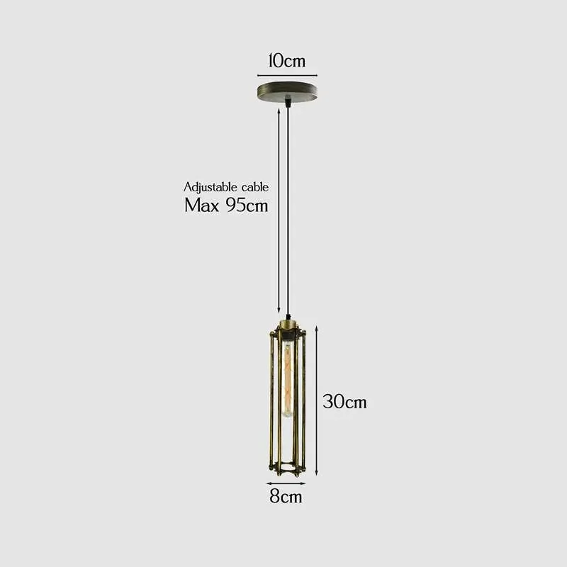 Brushed copper vintage industrial adjustable cable pendant light with wire cage shade hanging from ceiling