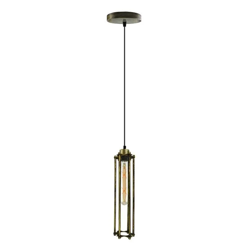 Brushed copper retro metal cage light with cylindrical shade hanging from adjustable PVC cable against white background