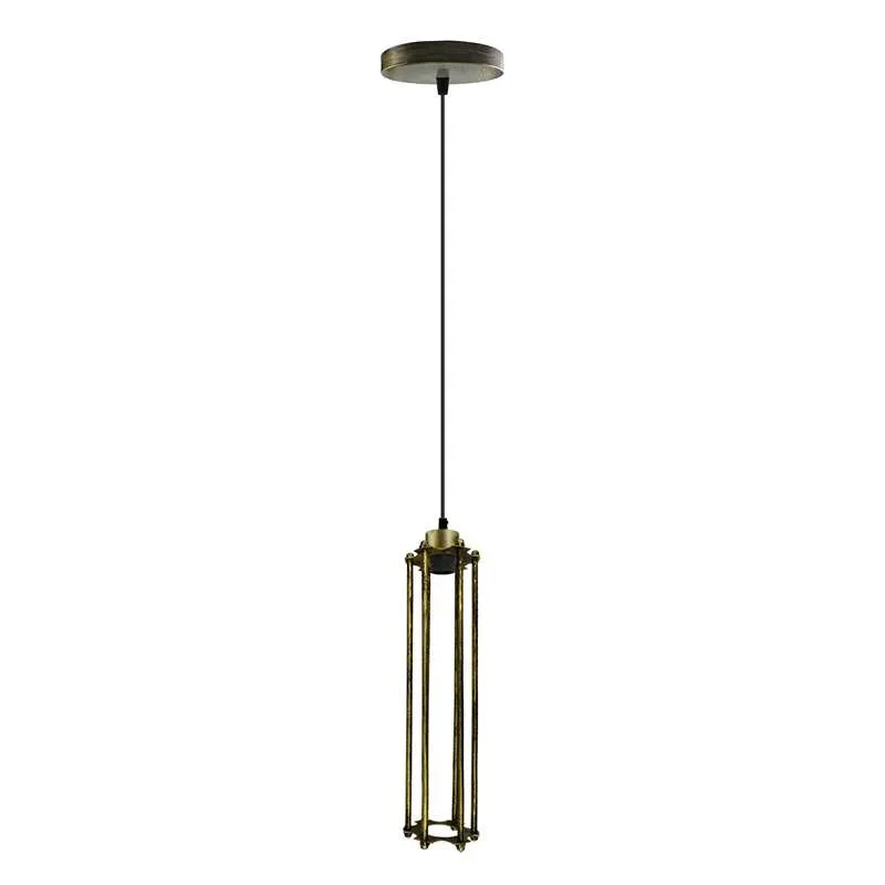 Vintage cage pendant light with brushed copper metal cylinder wire cage shade hanging against white background