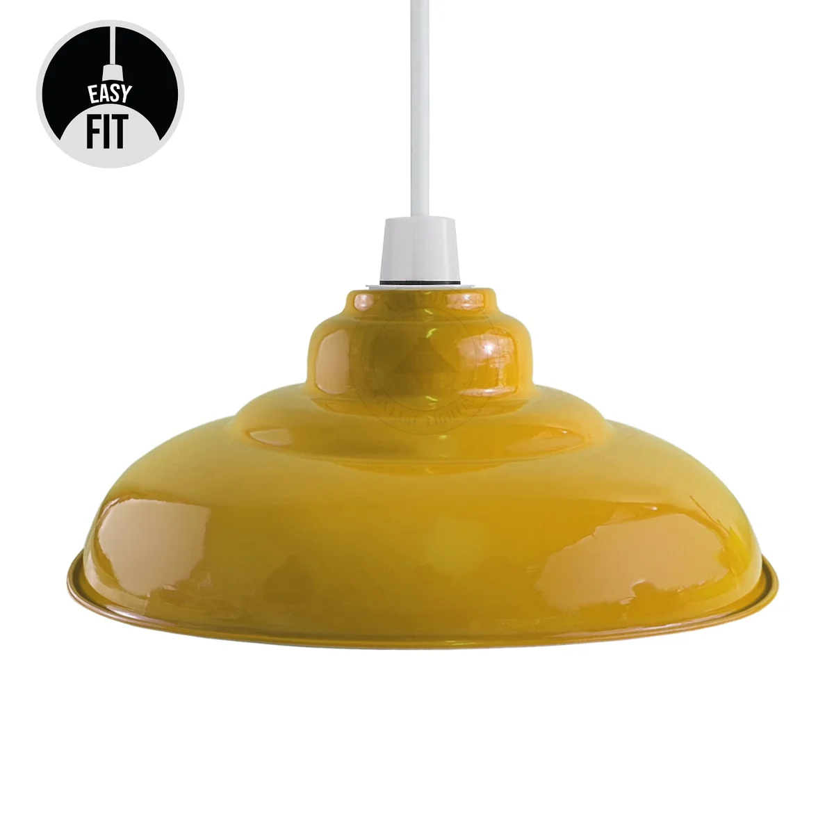 Yellow metal pendant lamp shade with semi-curvy design and glossy finish for E27 bulbs, 32 cm diameter