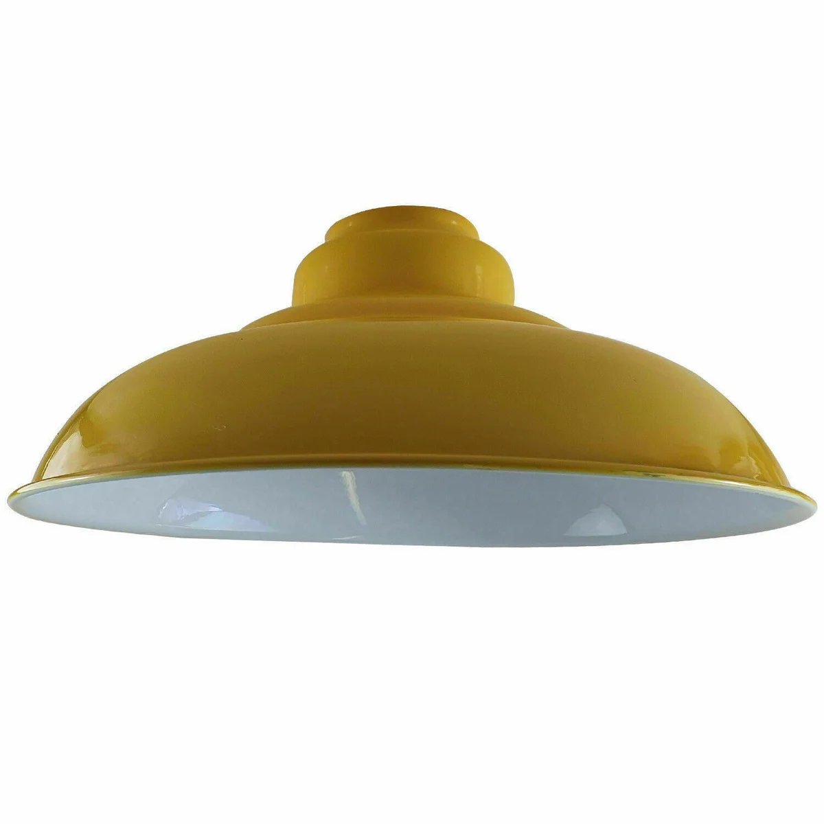 Yellow gloss semi-curvy metal pendant lamp shade with E27 fit, shown hanging against a white background