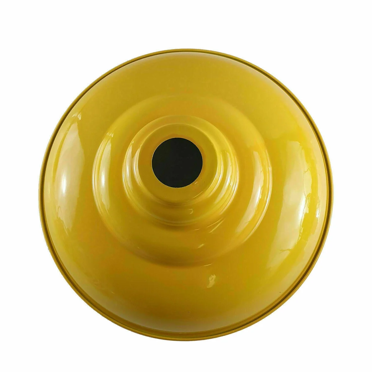 Yellow metal pendant lamp shade with semi-curvy design and glossy finish, suitable for E27 bulbs, shown from side angle
