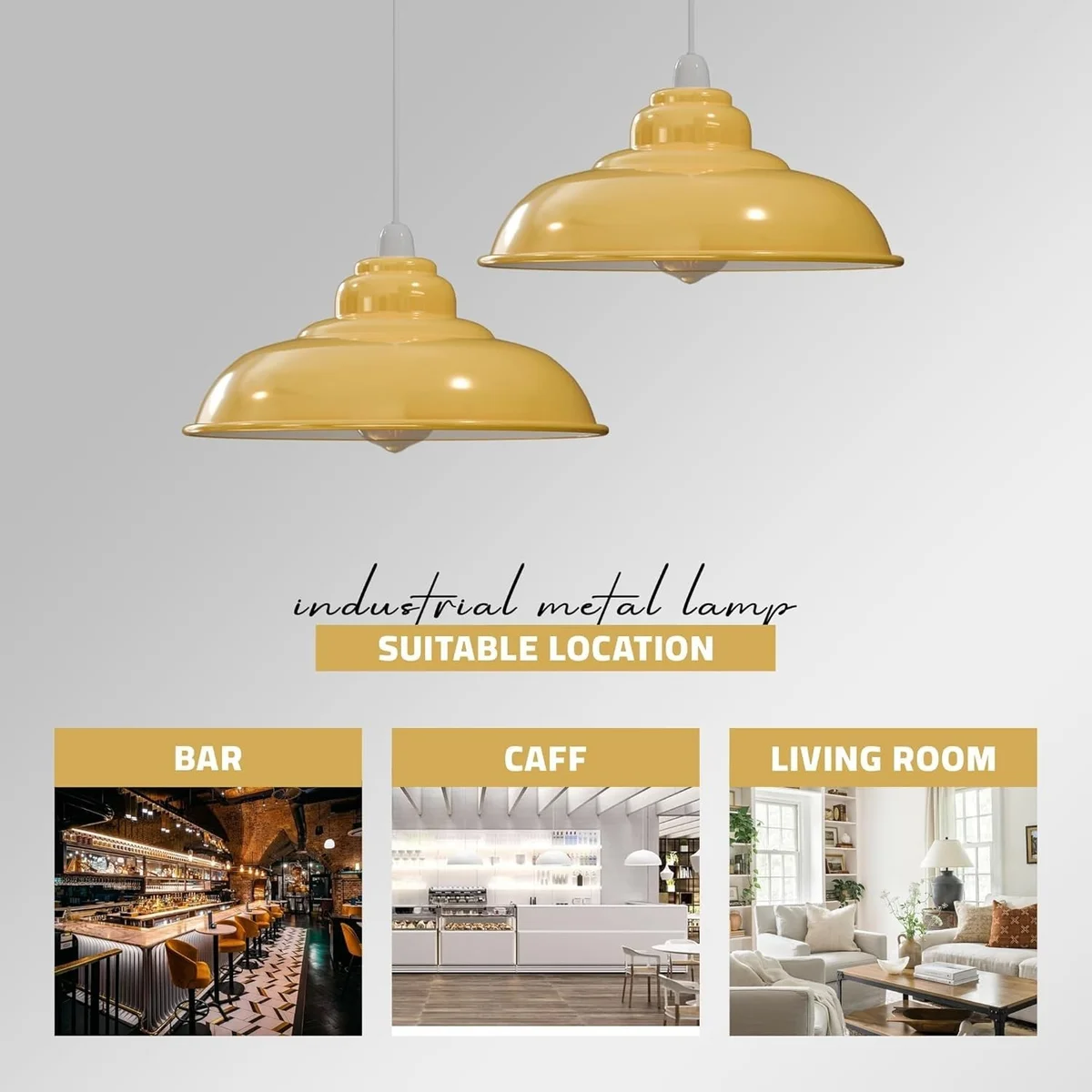 Yellow metal pendant lamp with semi-curvy glossy shade, designed for E27 bulbs, modern and retro style